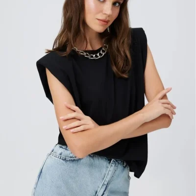 تیشرت بدون آستین زنانه X Serüven با پد شانه، پنبه ارگانیک سفید Tight Lady
