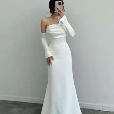 لباس مجلسی ساتن سفید با جزئیات آستین Serica Moda