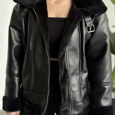 کت چرم زنانه ابریشمی Vess Moda مشکی