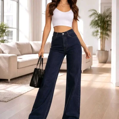 شلوار جین پالازو زنانه Camelia مدل Lacivert ساق بلند سوپر بالا TRN JNS