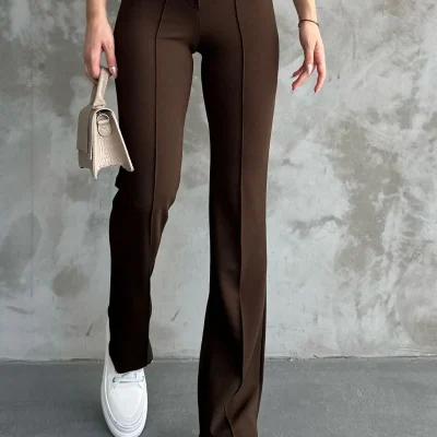 شلوار پالازو زنانه کمر بلند مدل قهوه‌ای با خاصیت جمع‌کنندگی شکم Macharel Jeans