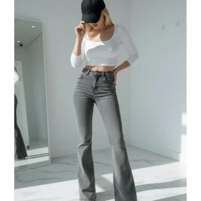 شلوار جین زنانه اسپانیول پاچه گشاد کمر بلند لیکرایی طوسی - مدل کارا (فوق‌العاده راحت) Comfort Jeans