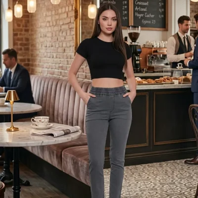شلوار جین زنانه خاکستری با کمر کشی و قد بلند، لیکرا دار، سایز بزرگ و کوچک Gulizim Butik