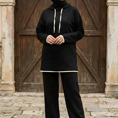 ست تاپ و شلوار زنانه هودی دار مشکی Imajbutik