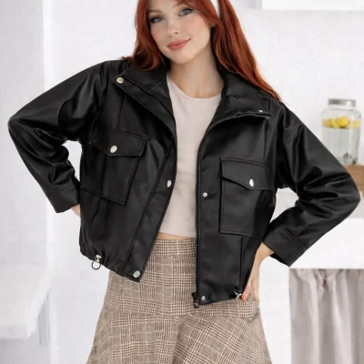 کت زنانه اورسایز مشکی چرم مصنوعی زیپ‌دار جیب‌دار Ilkcet Moda