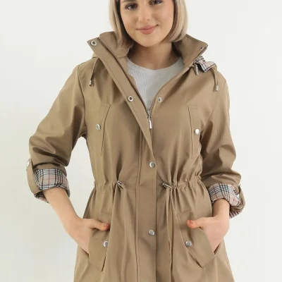کت بارانی زنانه ضد آب با کلاه، طرح چهارخانه ویسکوزی، پارچه باند Tutveal Collection