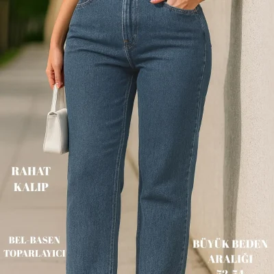 شلوار جین زنانه بگ پایپاچه کتان کمر بلند سایز بزرگ C626-مشکی Cedy Denim