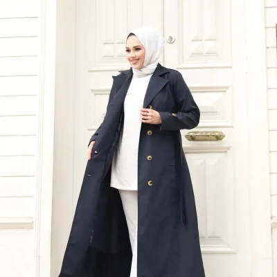 پالتو ترنچ زنانه ممتاز فصلی با یقه کراواتی و آستری دار، رنگ سرمه‌ای trendyol