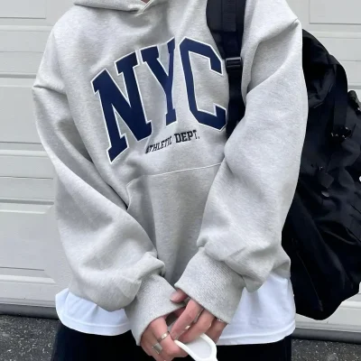 سویشرت هودی کاپسول دار طوسی با طرح NYC Trendgar