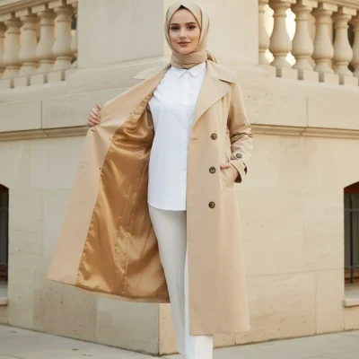 کت ترنچ کت زنانه مسلمانان، بژ روشن، ۱۰۰٪ پنبه، قد ۱۲۰ سانتی‌متر، فیت کامل Zeneva Collection