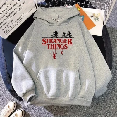 هودی اورسایز هودی مردانه و زنانه طرح Stranger Things طوسی trendyol