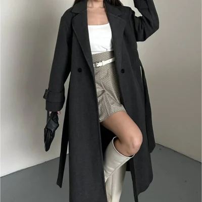 کاپشن کاشه بلند دکمه دار و کوشاک آنتراسیت زنانه Vess Moda