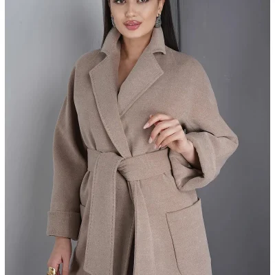 پالتوی زنانه کشمیری بلند با یقه برگردان و کمربند Eccim Fashion