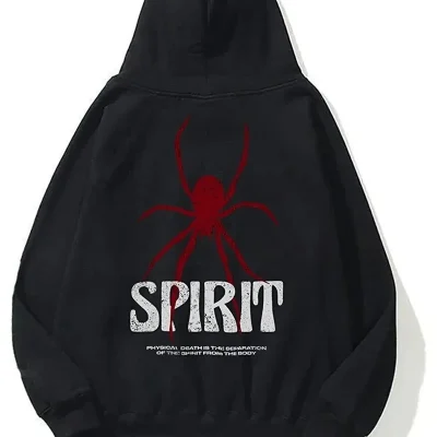 کاپشن سویشرت ضخیم زمستانی مشکی طرح دار اورسایز شارون دار جیب دار هودی Spirit Spider Seuscraft