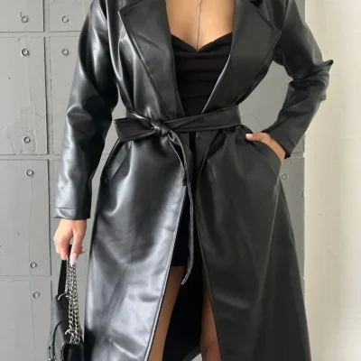 کت چرم بلند زنانه با آستر و کمربند مشکی Ekim Store