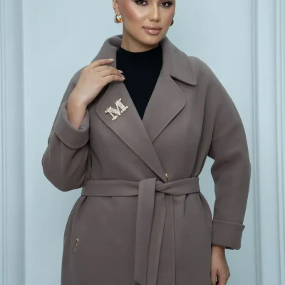 پالتو زنانه بلند کمری با سگک و یقه کراواتی، مدل پلاس سایز، جنس کشمیر Eccim Fashion