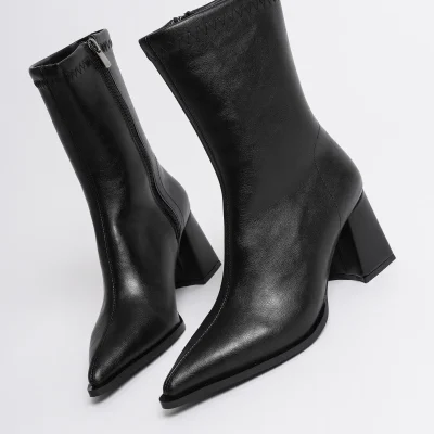 بوت زنانه سیموا مشکی چرم ضخیم پاشنه بلند نوک تیز با زیره ضد لغزش Cimili Shoes