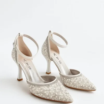 کفش مجلسی پاشنه بلند زنانه با تزئینات سنگ و مروارید و بند مچی AYS Shoes