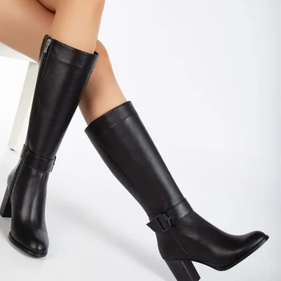 چکمه زنانه چرم اصل با جزئیات سگک و پاشنه بلند - مشکی Analin Shoes