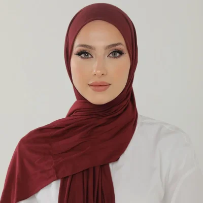 شال آنتراسیت لوکس پنبه‌ای زنانه - هدبند جرسی حجاب لایکرا - شرابی