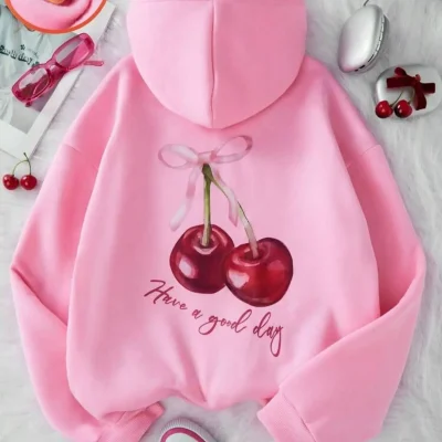 هودی کانگورو جیب دار طرح چاپی پشت زنانه Cherry Good Day صورتی Trendgar