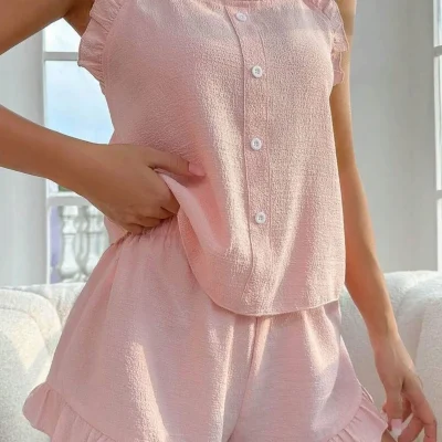 ست پیژامه پودری با دکمه‌های تزئینی و فریل و شورتک Bella Notte