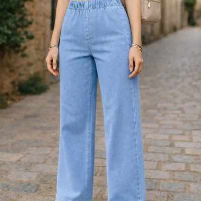 شلوار پالازو لایکرا دار، بدون جیب، کمر کشی - مدل C640 - آبی یخی Cedy Denim
