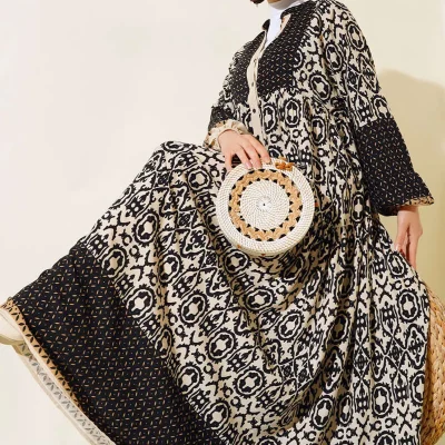 لباس توریته مشکی طرح دار ویسکوز زنانه مدل 2423 Bigdart