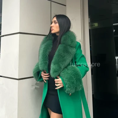 پالتوی کاشمیری زنانه با یقه خز - کت کاشمیری بلند زنانه Furora Store