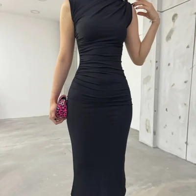 لباس میدی زنانه با چین‌های کمر و شانه، آستین صفر trendyol