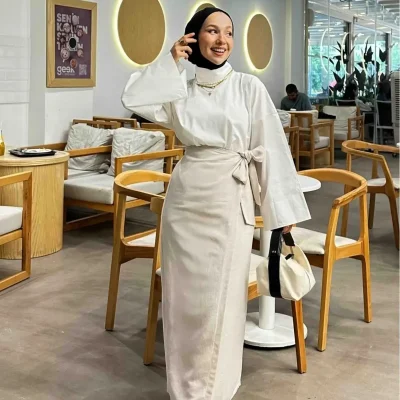 دامن کرم کتانی مخلوط با بند کناری Mcmoda