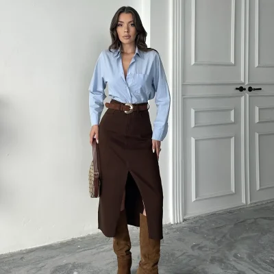 دامن کتان زنانه قهوه‌ای با چاک جلو و لبه‌ی برش خورده Blue Marlin
