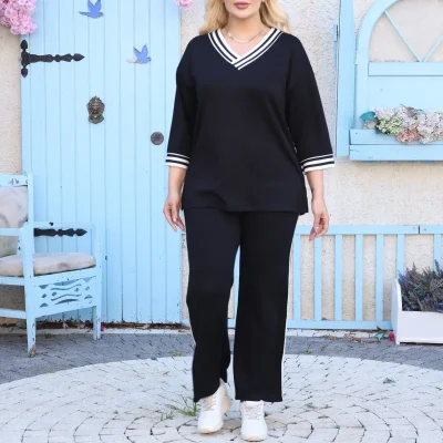 ست لباس راه‌راه پارچه‌ای اوشو مدل نرم و بادوام سایز M تا 6XL - مشکی