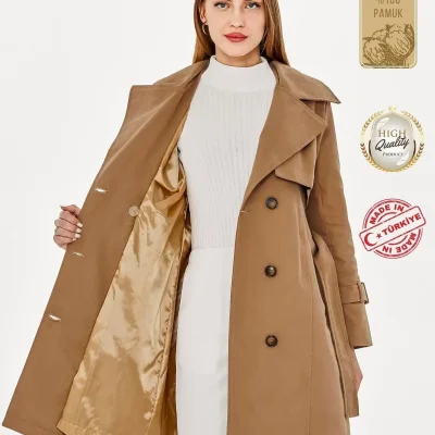 ترنچ کت زنانه مدل 1113، بژ، 100% پنبه گاباردین، میدی (95 سانتی‌متر)، آستردار، کمردار