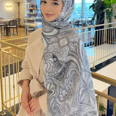 شال پنبه‌ای طرح رترو سری Aura مدل قهوه‌ای ps53 - Gri Desen