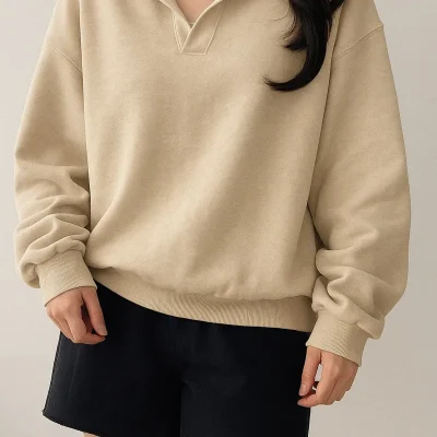 سویشرت اورسایز یقه‌دار (V-Neck) یونیسکس بیسیک - Bej856320