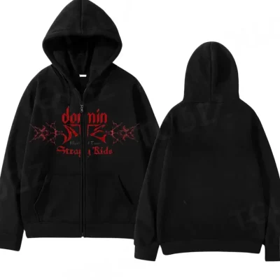 هودی اورسایز زیپ‌دار مشکی یونیسکس استری کیدز - Stray Kids Design 1