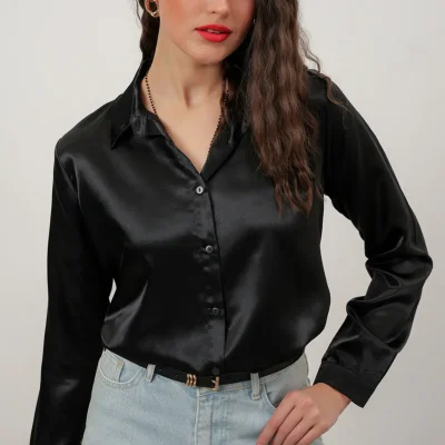 پیراهن زنانه ساتن مشکی با سایز بندی گسترده
