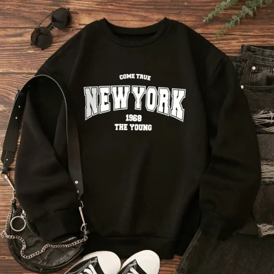 سویشرت هودی کاپسول دار طوسی با طرح NYC - sııyah