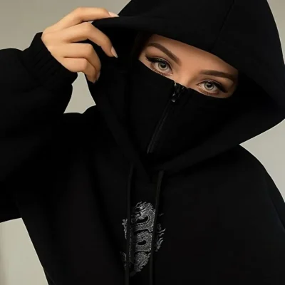 هودی سویشرت اورگامی طرح دار با ماسک و کلاه - Siyah2