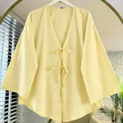 تونیک کیمونوی قهوه‌ای با بند جلو، اورسایز، مدل جدید - Soft Sarı