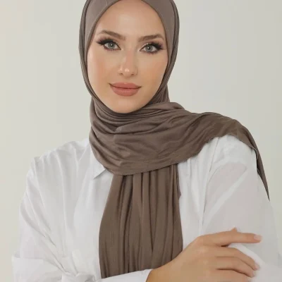 شال آنتراسیت لوکس پنبه‌ای زنانه - هدبند جرسی حجاب لایکرا - AĞAÇ KABUĞU