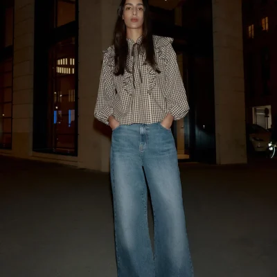 بلوز چیندار با طرح چهارخانه و جزئیات بند zara