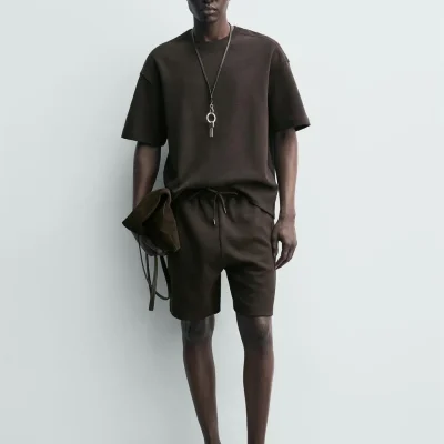 سویشرت اینترلاک فیت راحت با یقه قایقی و آستین کوتاه zara
