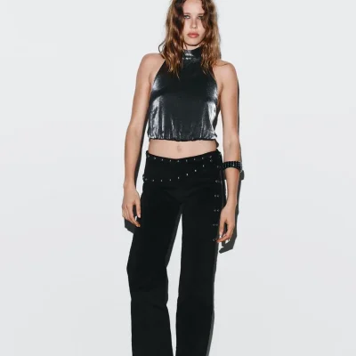 تاپ هالتر با کش و یقه باز zara