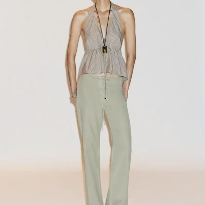 تیشرت هالتر یقه V طرح راه‌راه پاپلین زنانه zara