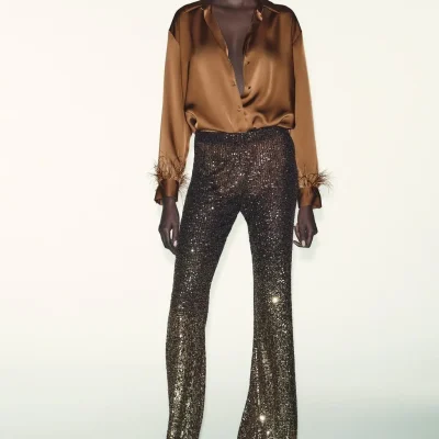 بلوز ساتن پرزدار با یقه و سرآستین zara