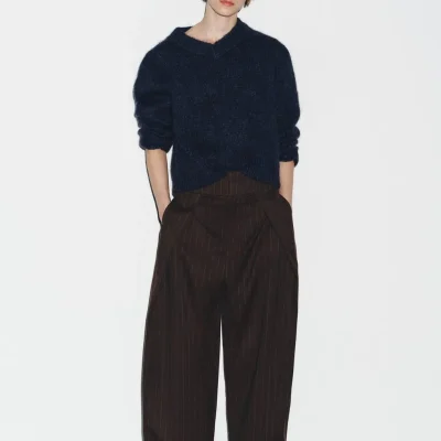 شلوار بادکنکی راه‌راه چیندار zara