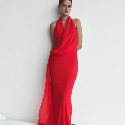 هالتر ویسکوز %100 دکوملو وی یقه لباس بلند zara