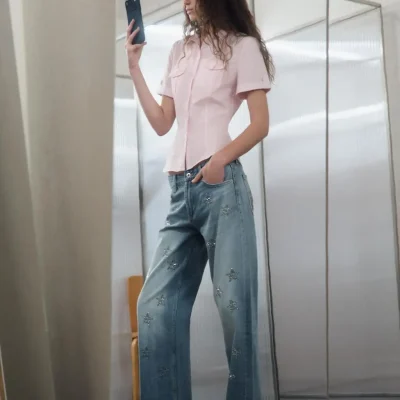 شلوار جین مردانه TRF مدل پاچه گشاد ستاره‌دار کمر پایین zara